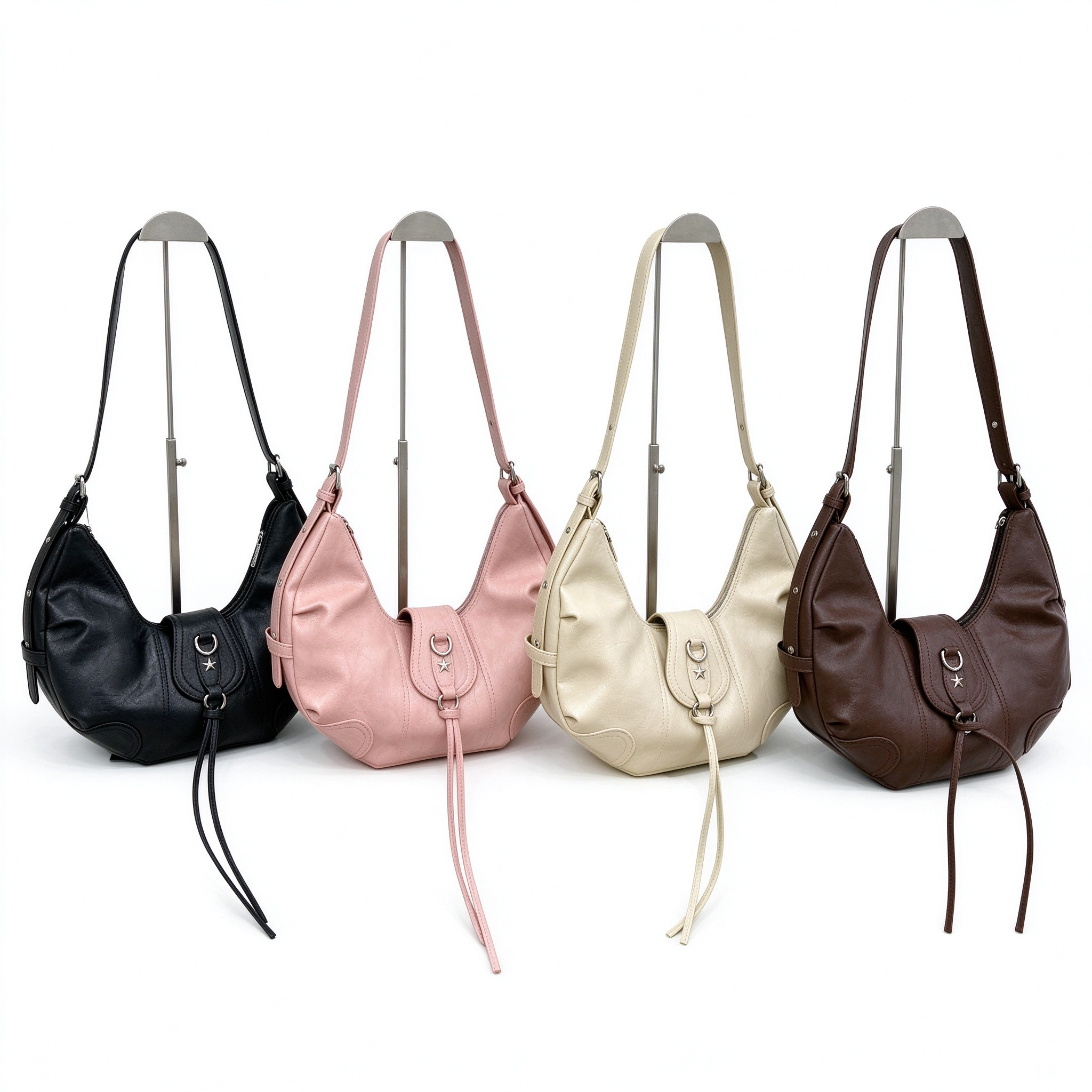 Vintage Crescent Moon Bag, Soft PU Leather Hobo Purse with Adjustable Strap, Star Buckle & Tassel Drawstring for Work & Daily