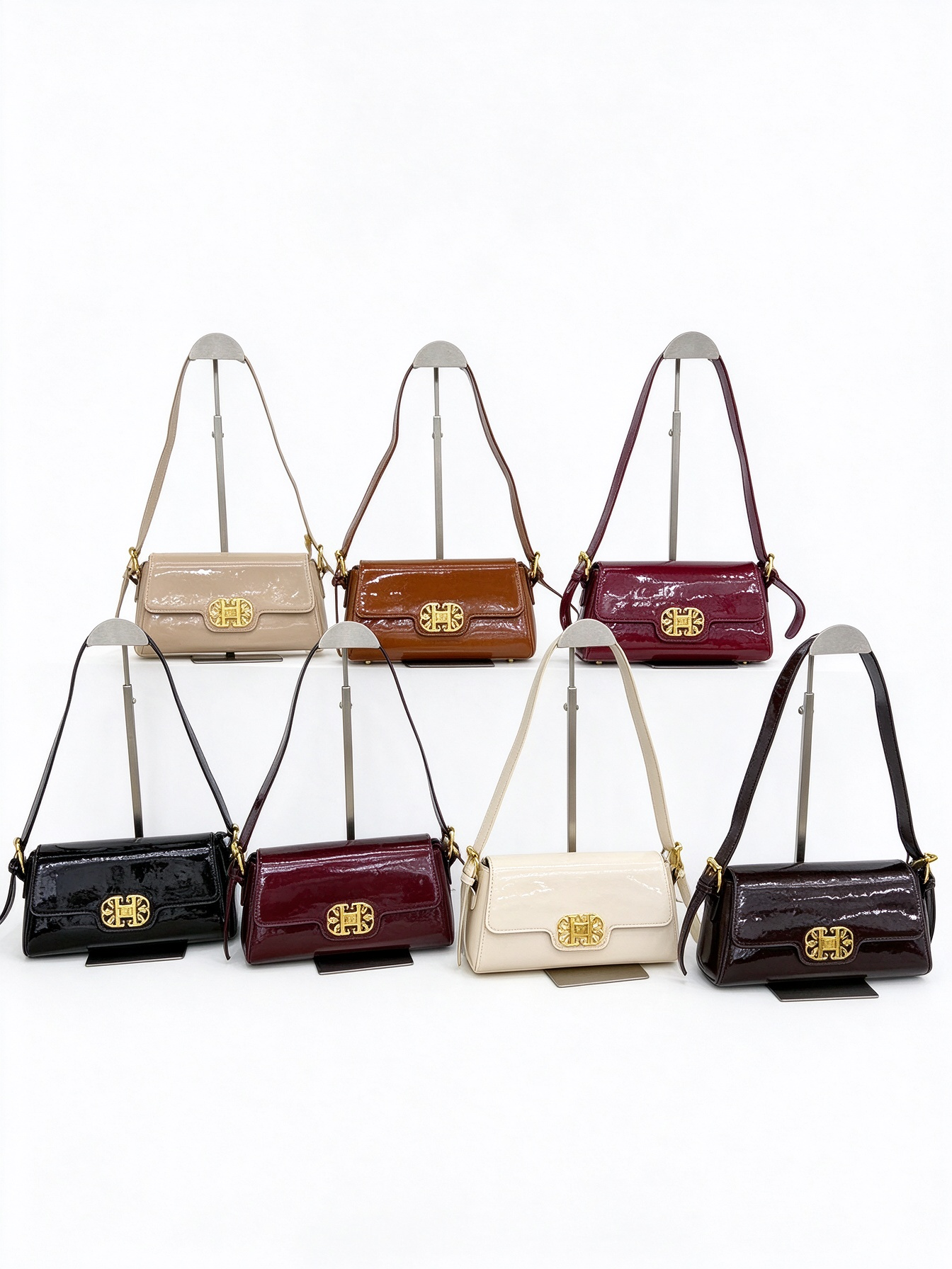 Women’s Glossy Patent Baguette Bag with Gold Lock, Elegant Shoulder Purse for Work, Party & Everyday Wear