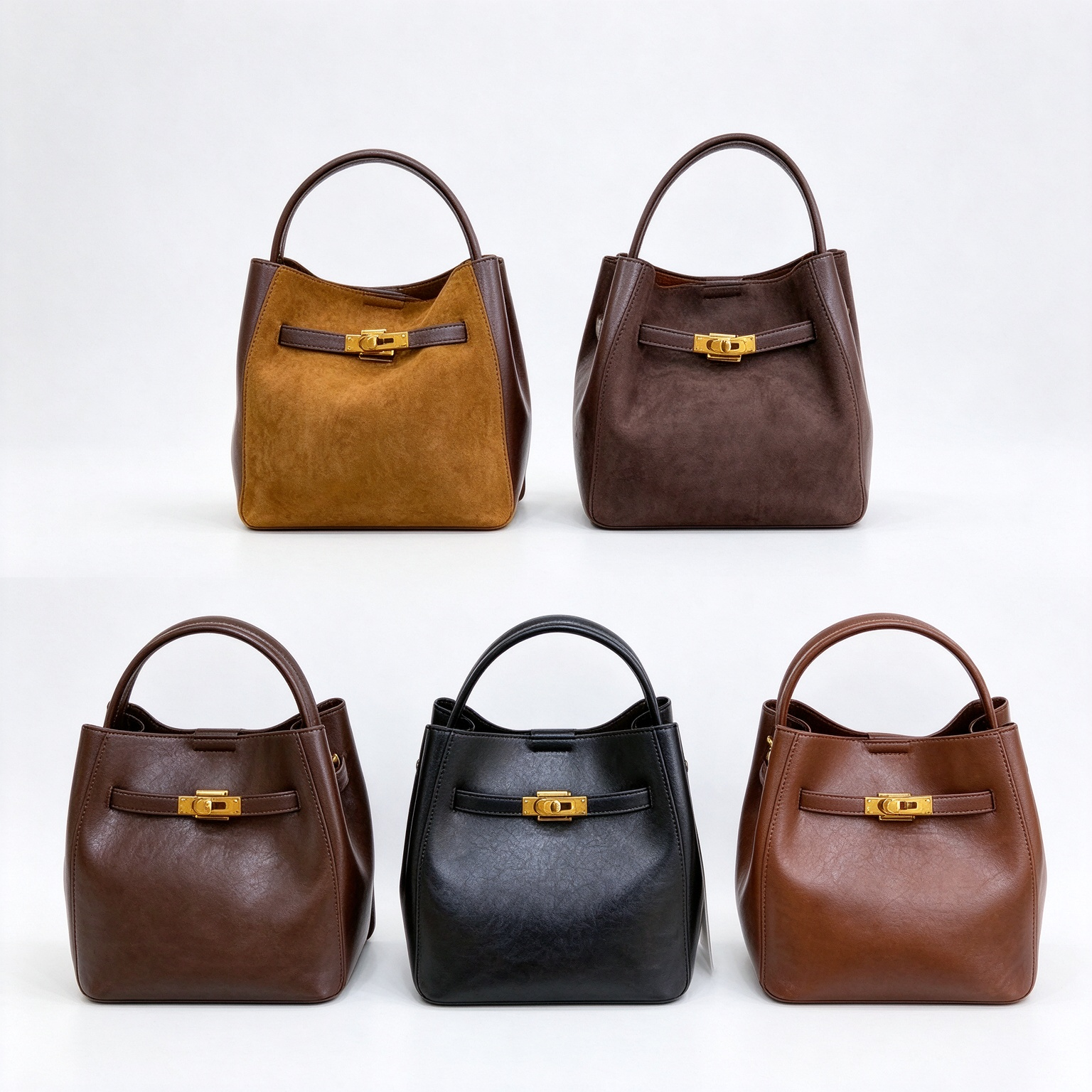 Vintage Gold Lock Bucket Bag | Women’s Leather Top Handle Handbag