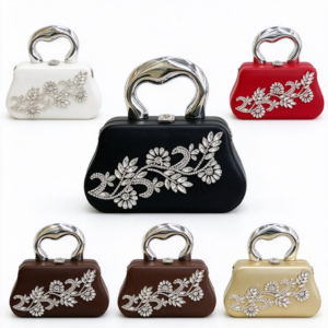 Multi Color Floral Embroidered Women Evening Handbag, Metal Top Handle Clutch for Party Wedding Gift