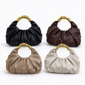 Women's Gold Ring Handle Ruched Clutch Bag, Soft Cloud Shape Hobo Purse, Elegant Evening Handbag