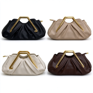 Women’s Cloud Clutch Purse, Elegant Gathered Handbag, Fashion Evening Bag with Gold-Tone Triangle Handle for Party & Dinner